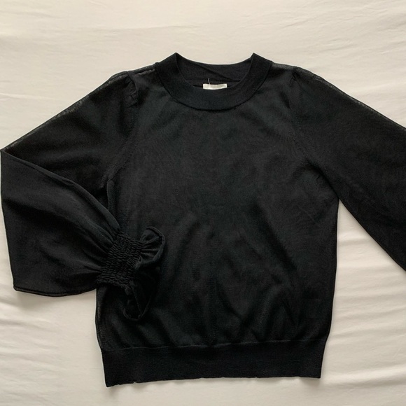 Women’s Sheer Black Mockneck Blouse with Bell Sleeves - Picture 1 of 6